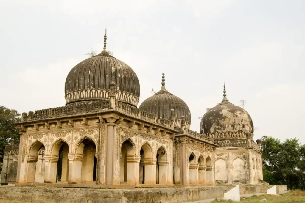 Intricately carved domes of Qutb Shahi Tombs framed by greenery
