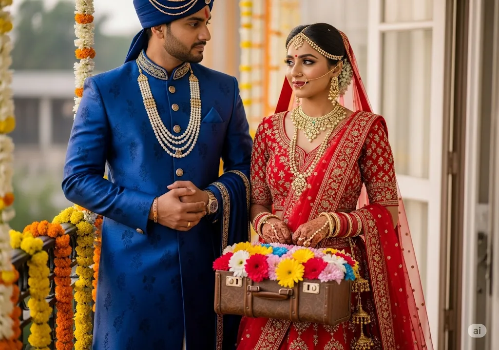 Bride with delicate jewelry and groom with matching accessories at resort photoshoot
