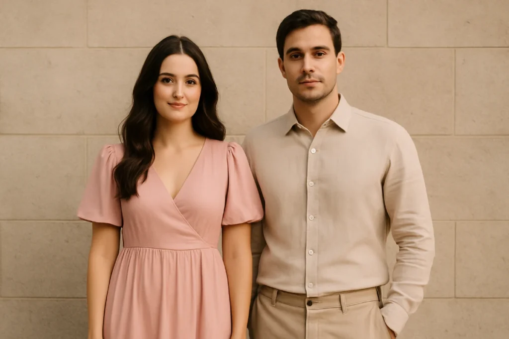 Couple in blush pink and beige outfits in cohesive color palette for pre-wedding shoot