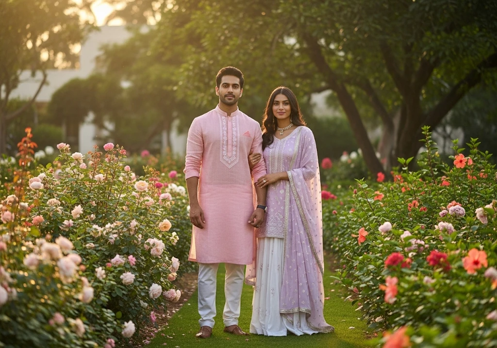 Couple in pastel outfits matching location theme for outfits for your pre-wedding shoot