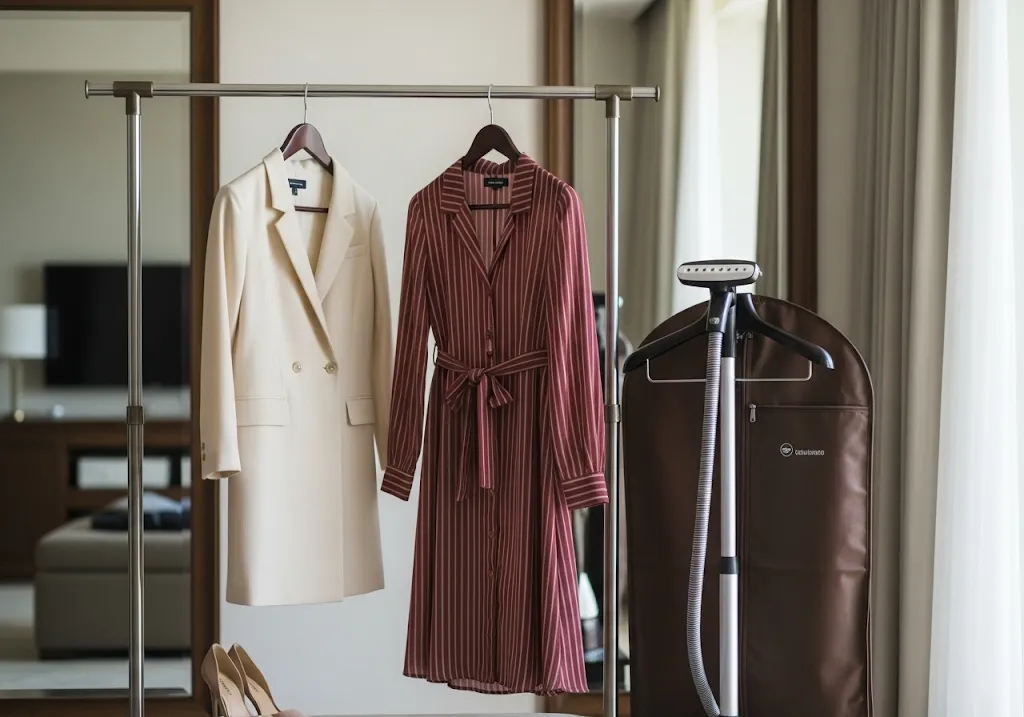 Resort changing room with garment bags and steamer for quick pre-wedding shoot outfit changes