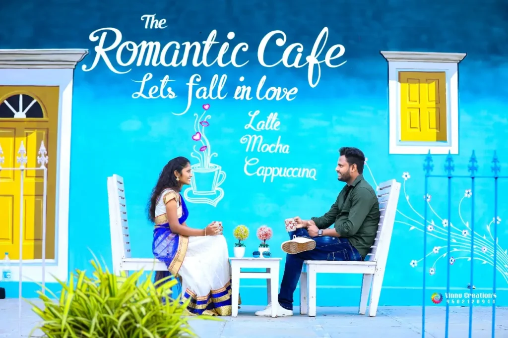 Pre wedding shoot in Hyderabad at pastel “Romantic Cafe” backdrop