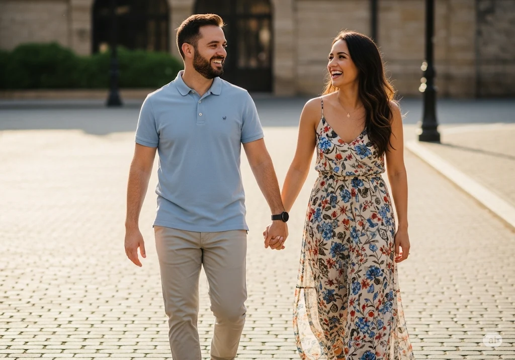 	Couple laughing naturally in comfortable fitted outfits for candid pre-wedding shoot moments