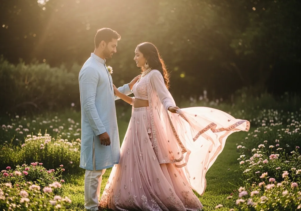 	Bride and groom in breathable linen and chiffon fabrics for Hyderabad pre-wedding shoot