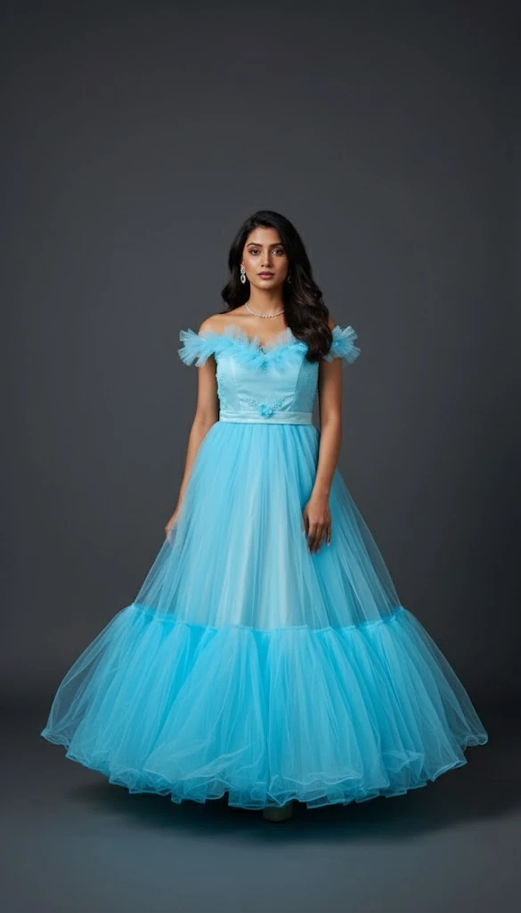 light blue tulle photoshoot gown Hyderabad