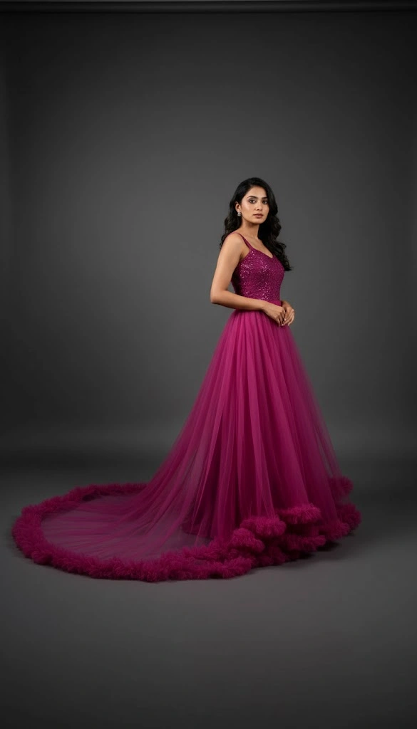 fuchsia long train photoshoot gown Hyderabad studio