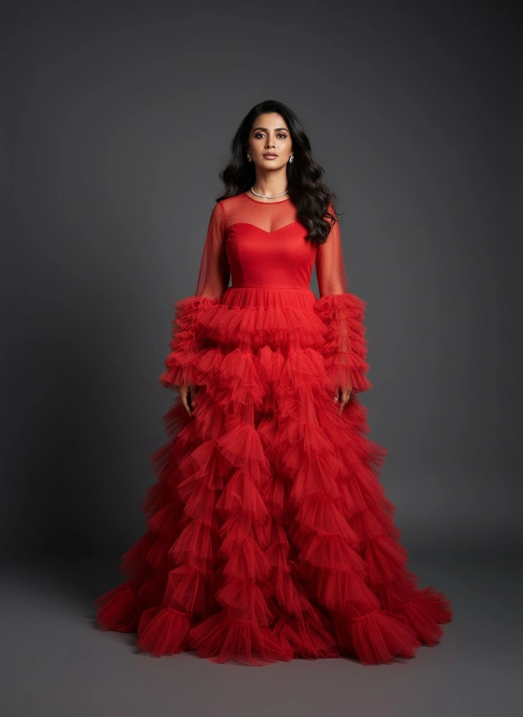 red feather ruffle fashion photoshoot gown Hyderabad