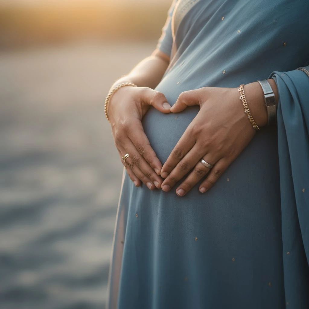 Hands heart on baby bump, Indian couple close-up; maternity photoshoot tips pose