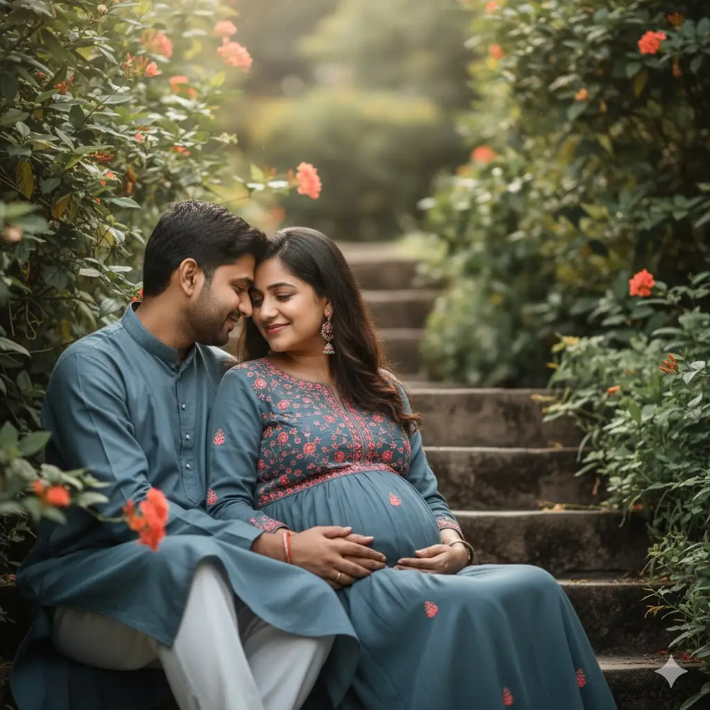 Seated cuddle on stone steps, relaxed hands on bump; cozy Indian maternity shoot