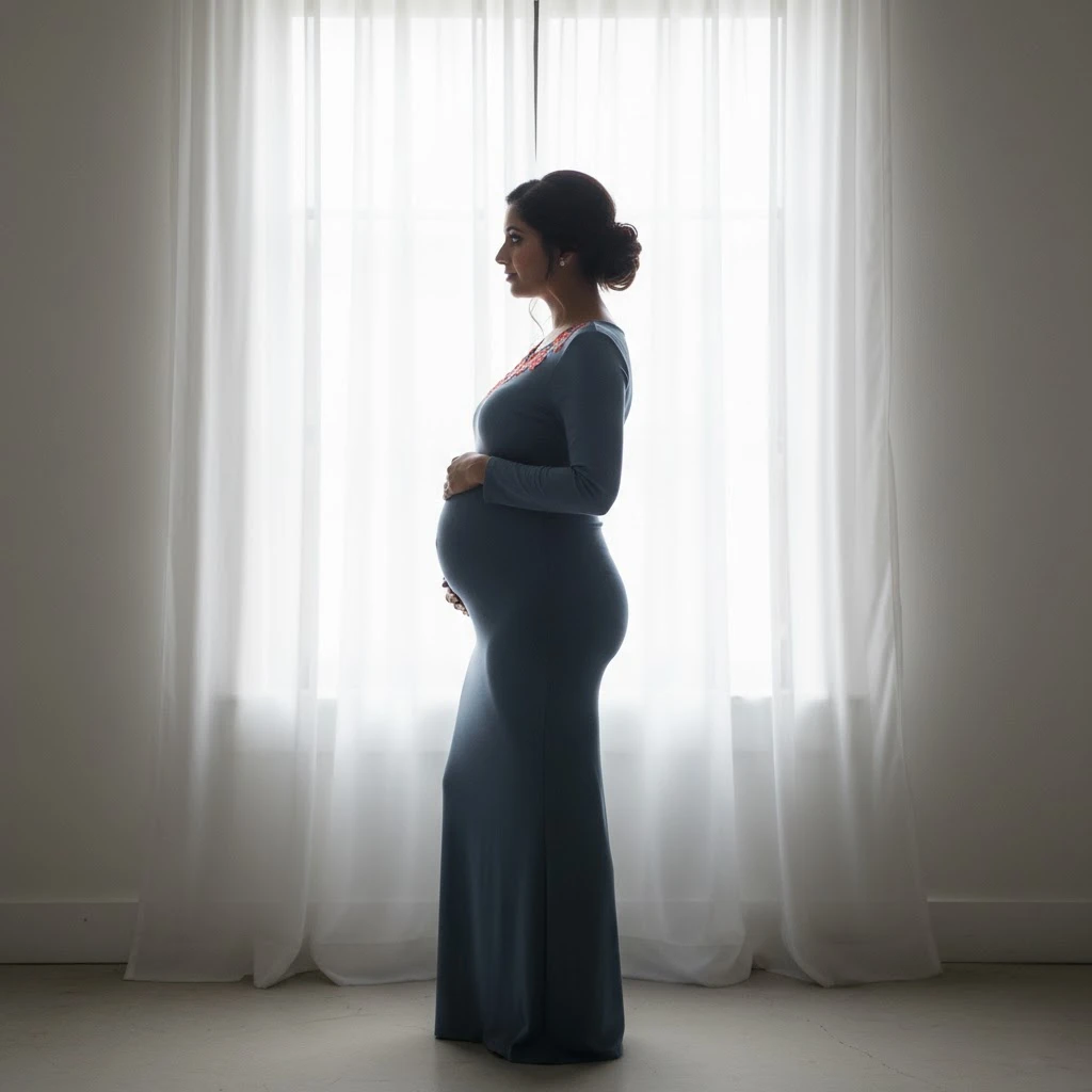 Side-profile bump with soft window backlight; elegant Indian maternity photoshoot
