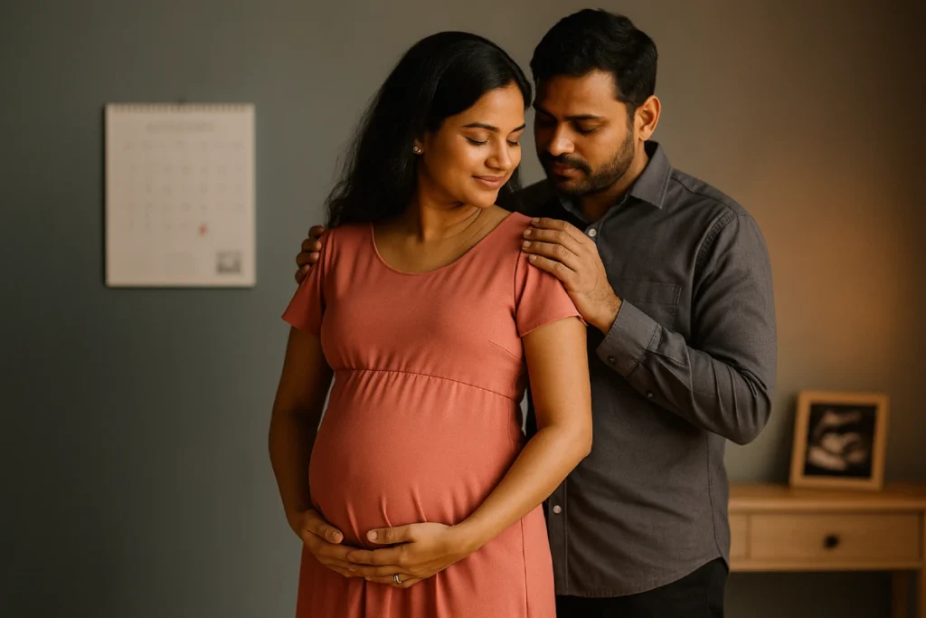 Seven-month Indian bump, side profile with calendar; maternity photoshoot tips