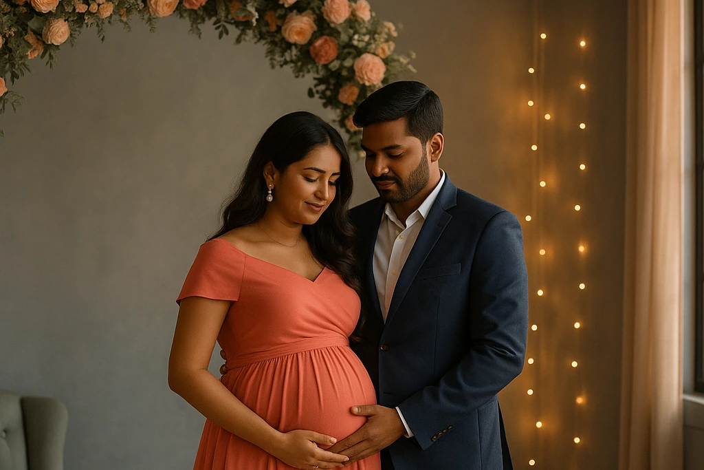 Best time for a maternity photoshoot cover: Indian couple, floral arch, golden hour