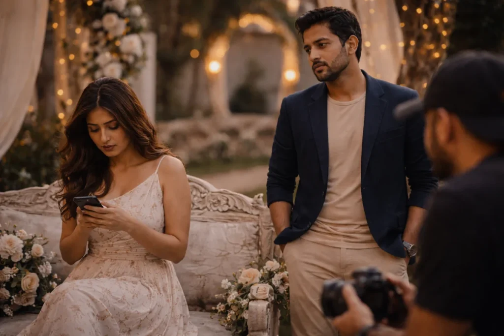 Couple distracted on phone during photoshoot; photographer waits patiently on set