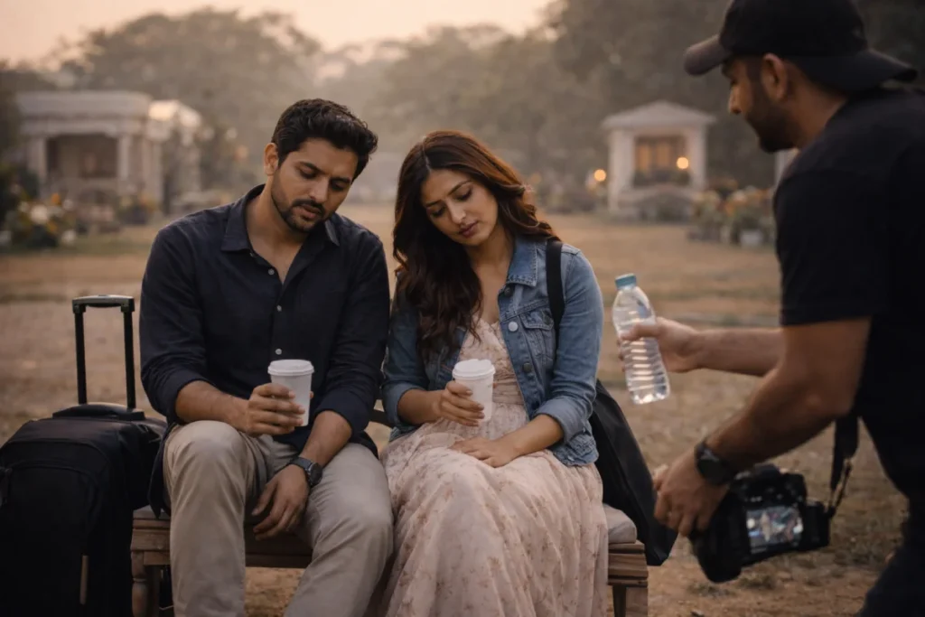 Exhausted couple with travel bags at early shoot; photographer offers break and water