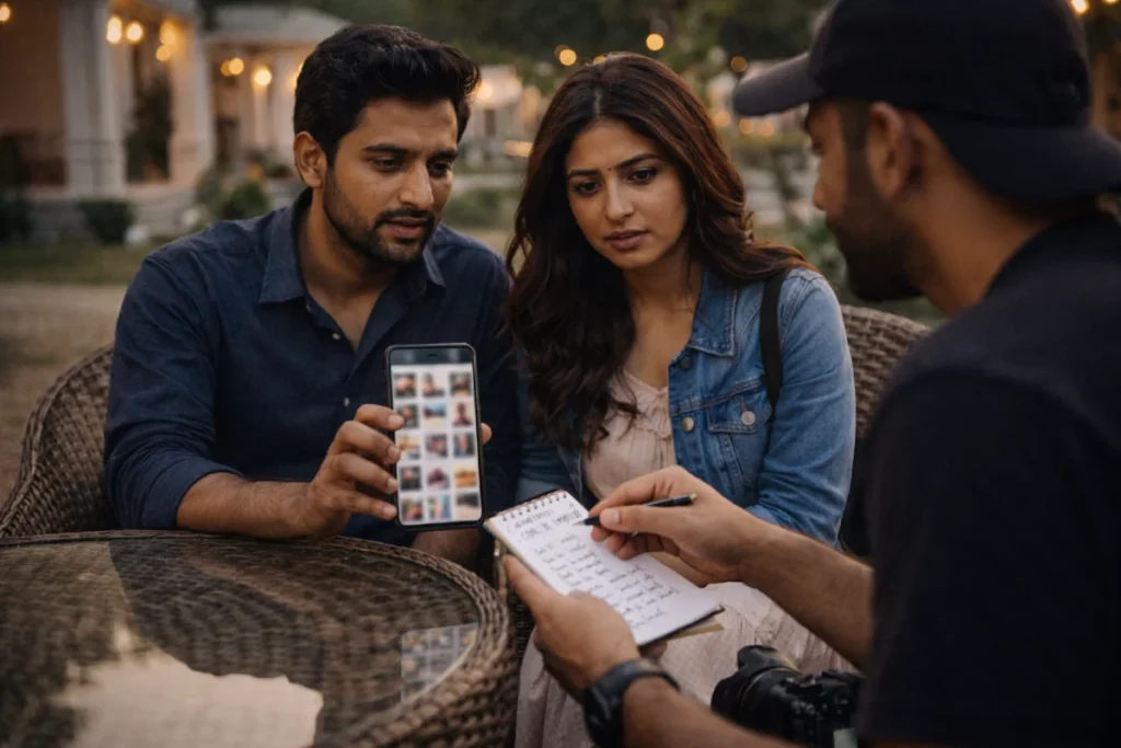 Couple shows big moodboard on phone; photographer suggests short shot list at resort