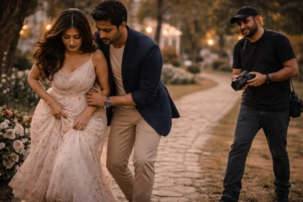 Pre-wedding photoshoot in Hyderabad: outfit looks great but restricts walking pose