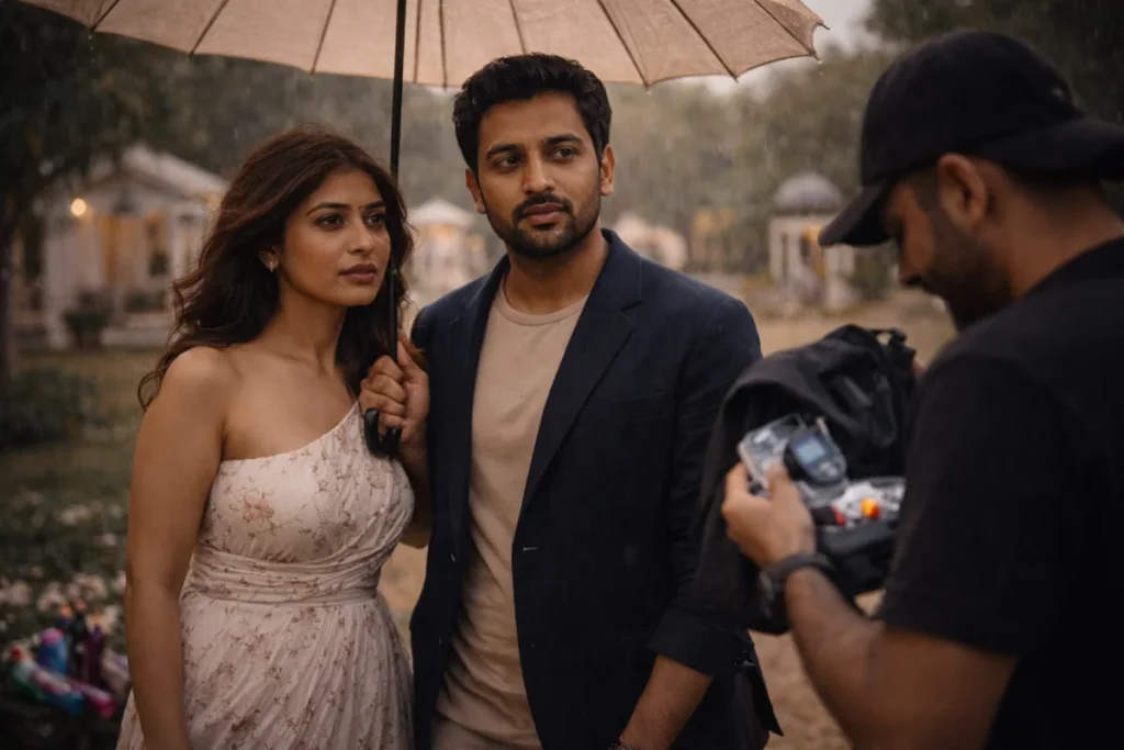 Hyderabad weather change during pre-wedding shoot: drizzle at outdoor resort photoshoot