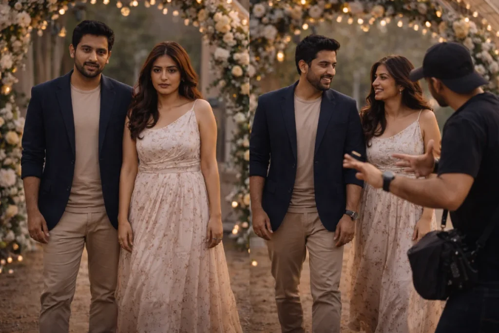 Awkward pose turns natural as photographer guides couple with walk-and-talk prompt