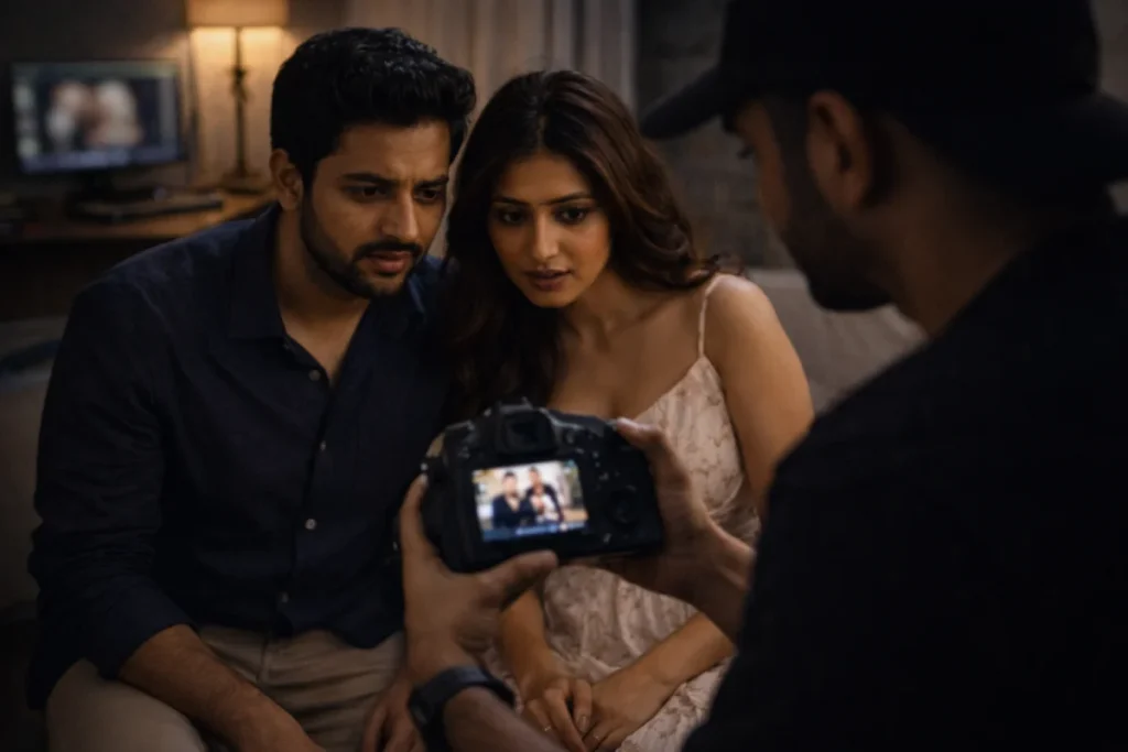 Photographer shows camera preview of harsh light; editing laptop blurred in background