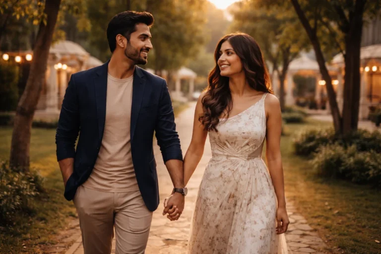 Photoshoot mistakes in Hyderabad: couple at The Shooting Spot resort at golden hour