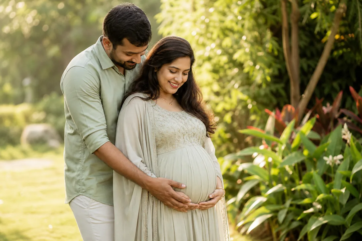 Expectant Couple Portrait Indian couple maternity photoshoot with natural partner pose