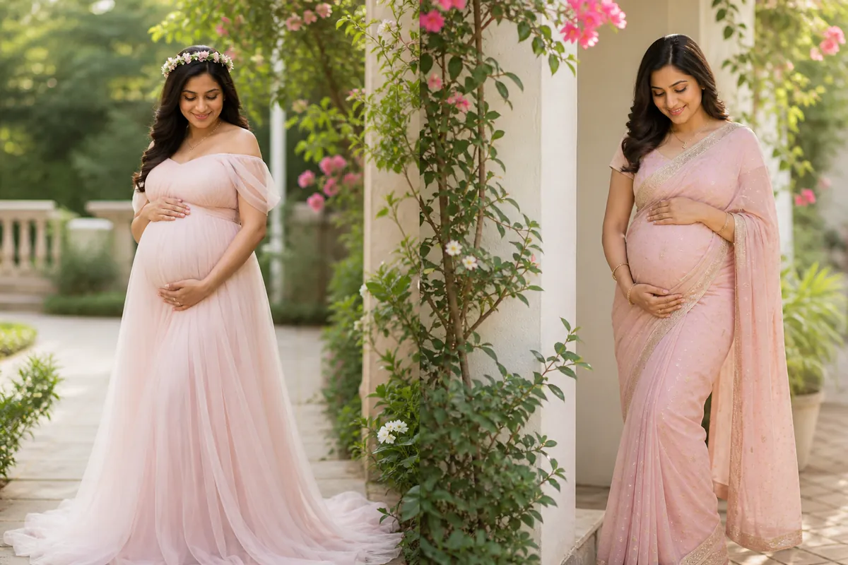 Maternity Outfit Inspiration Maternity photoshoot outfits for Indian mothers in soft natural colours