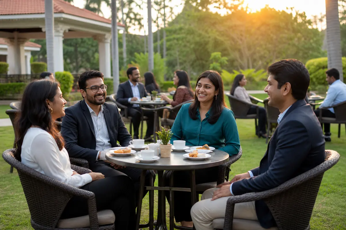 Corporate colleagues networking over hi-tea at an outdoor venue
