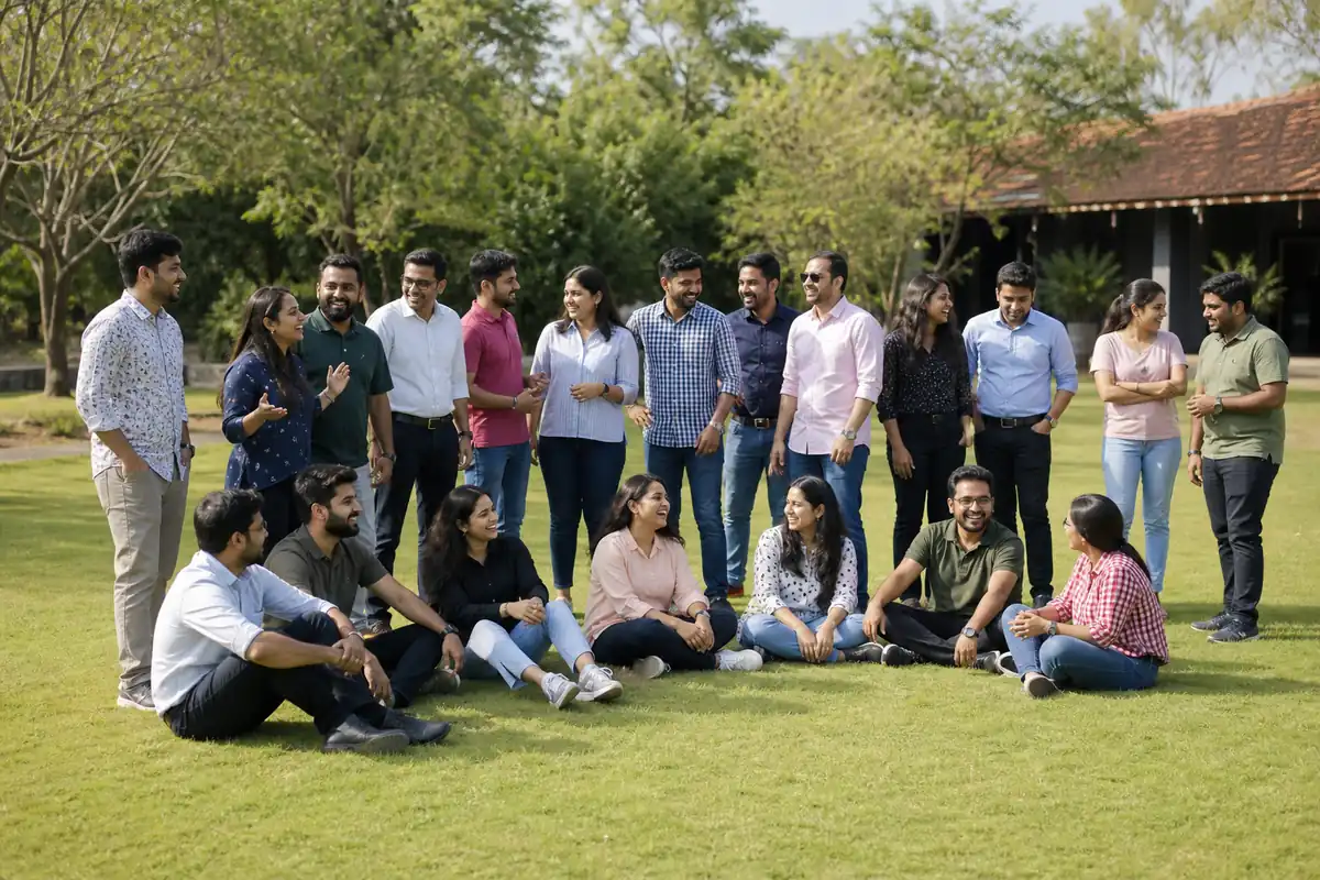 Indian corporate team enjoying an outdoor day out on a green lawn near Hyderabad