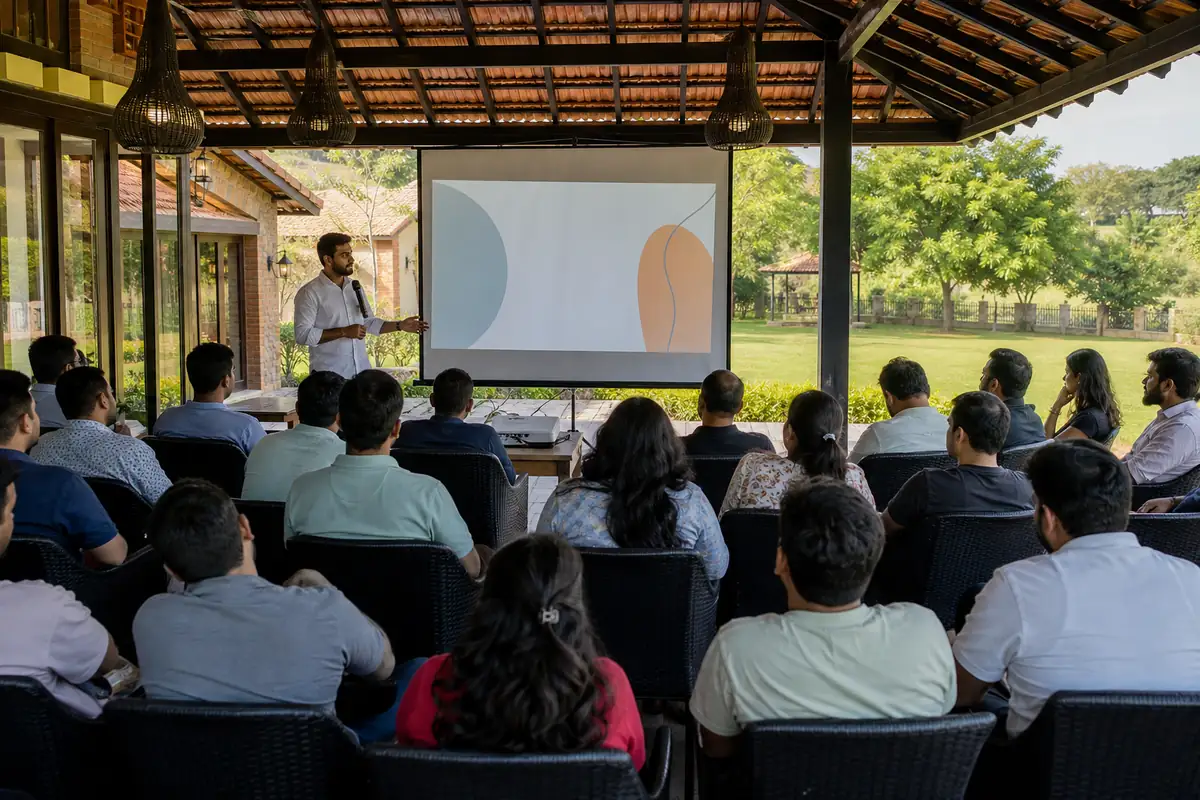 Corporate presentation with projector and microphone at an outdoor venue