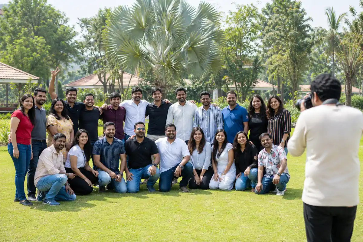 Corporate team posing for a group photograph during a day out