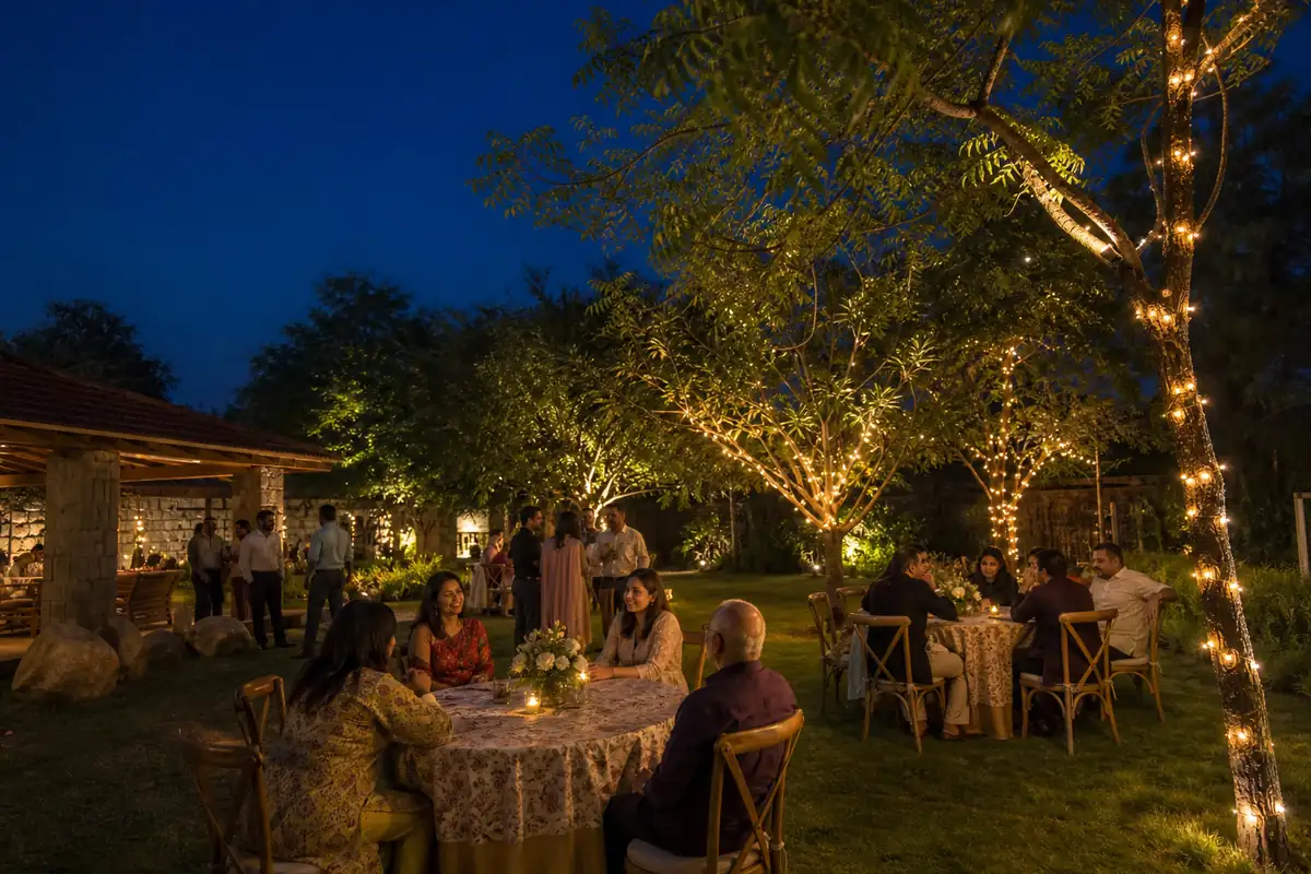 Evening open-air get-together with warm lights in Shamirpet
