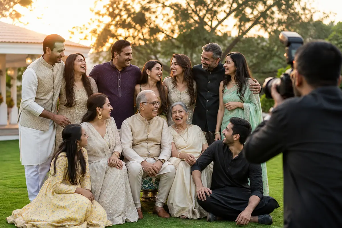 Family and friends posing for photographs at an outdoor get-together