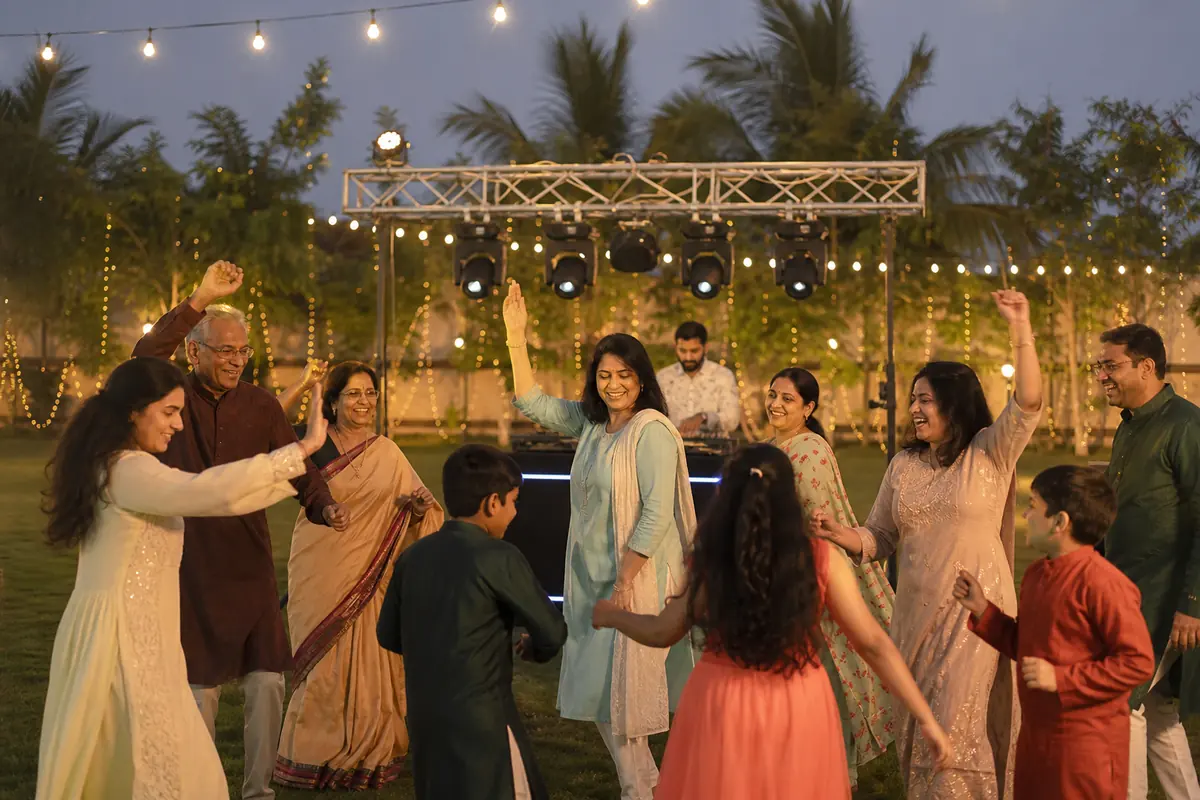 Family and friends dancing at an outdoor get-together with a DJ