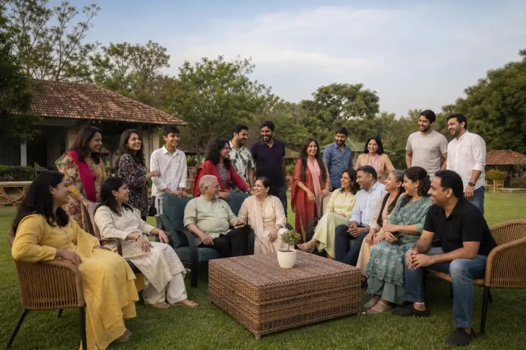 Family and friends enjoying a get-together at an outdoor venue in Hyderabad