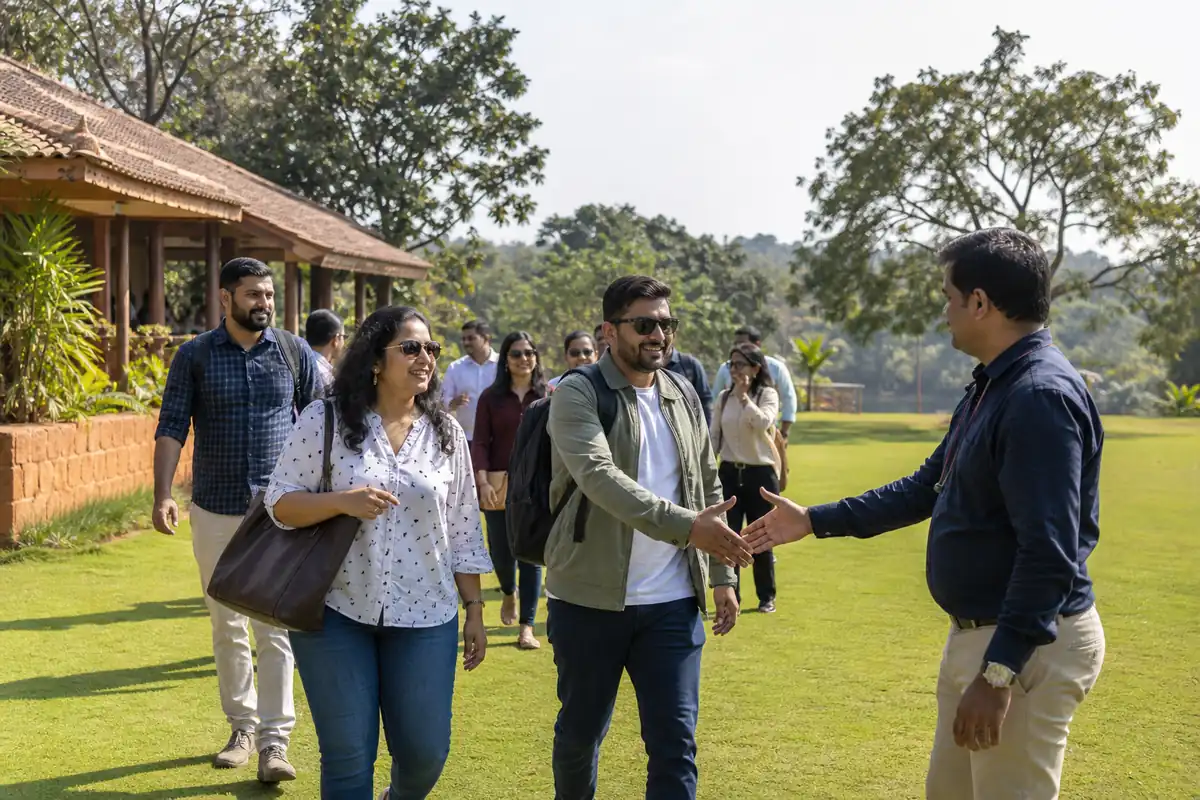 Corporate colleagues arriving at an outdoor event venue in Hyderabad