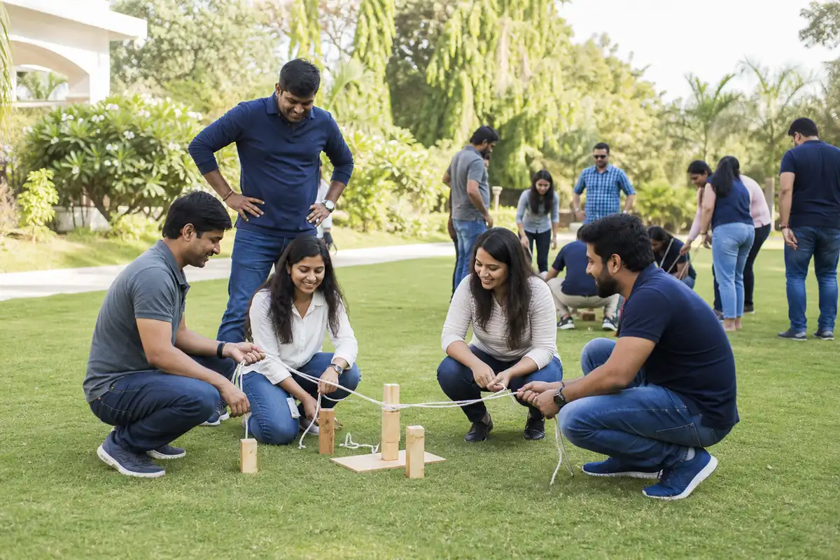 Corporate colleagues taking part in a collaborative outdoor team activity