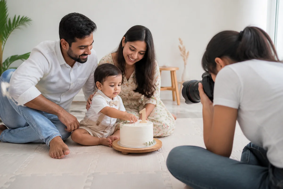 Photographer capturing a baby exploring cake frosting