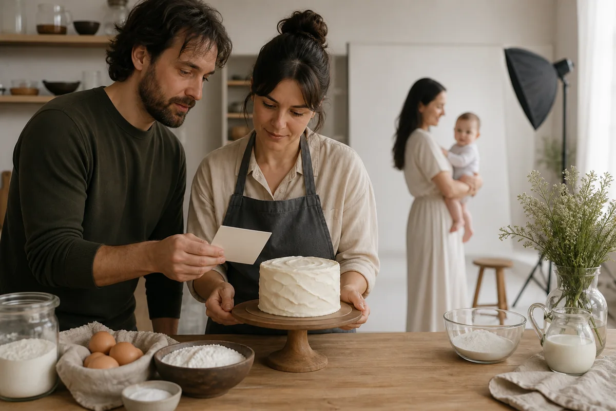 Parents checking a simple cake for a baby photoshoot