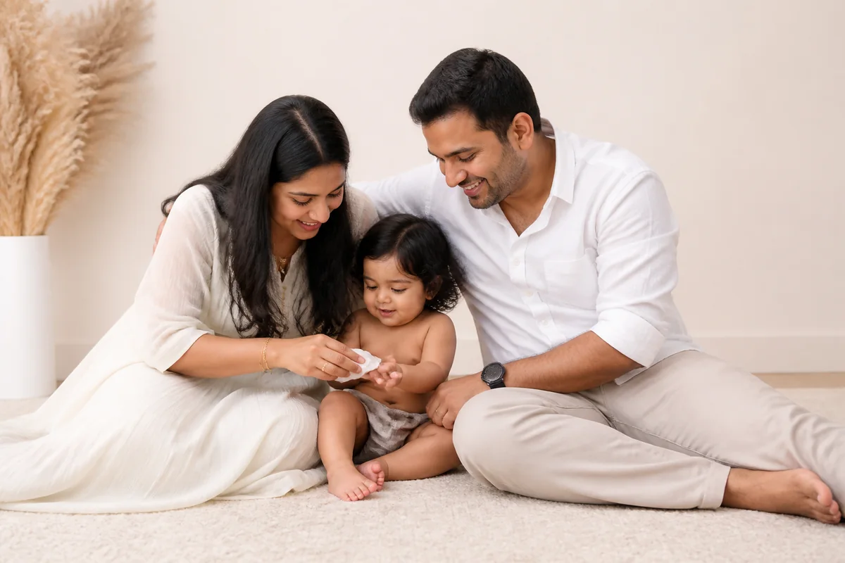 Parents cleaning up and cuddling their toddler after a cake smash