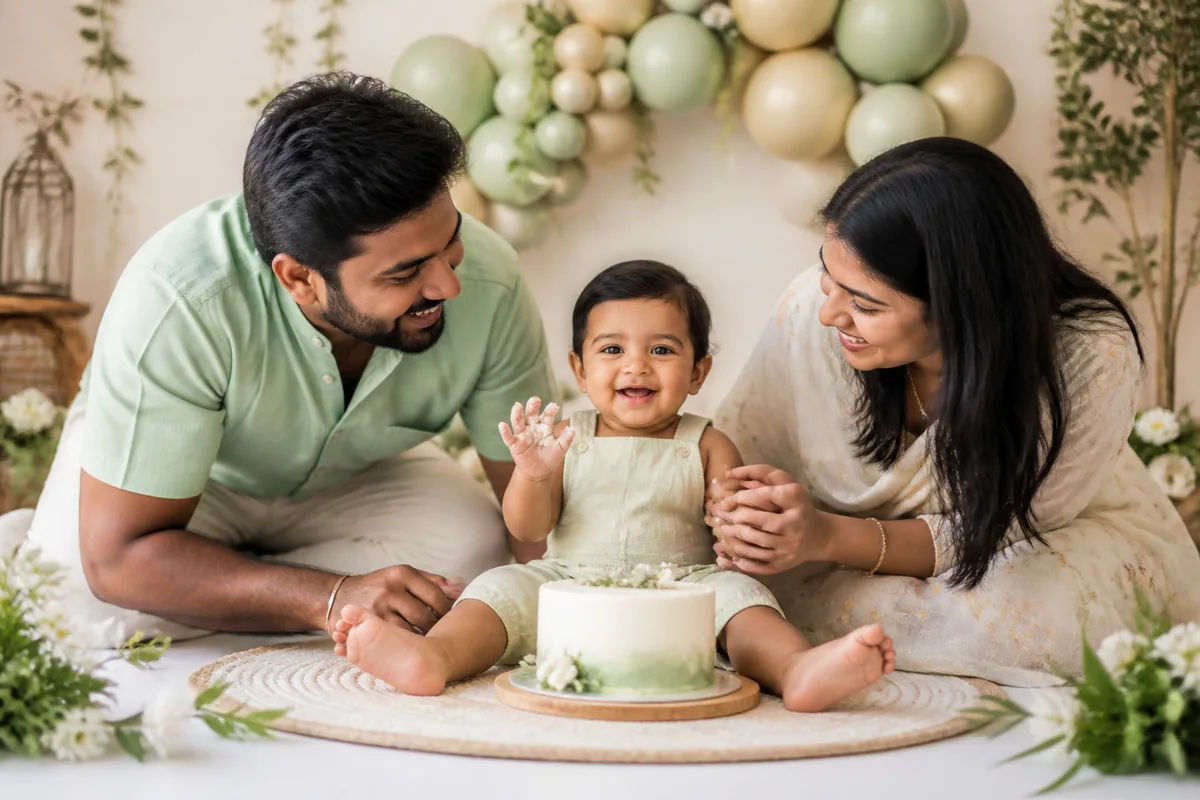 Indian baby at a cake smash photoshoot in Hyderabad