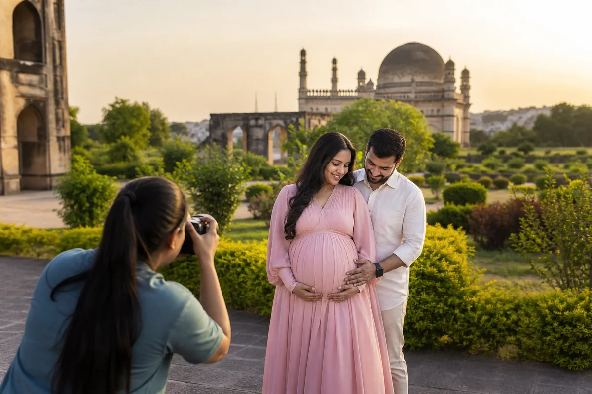Indian couple during a golden-hour maternity photoshoot