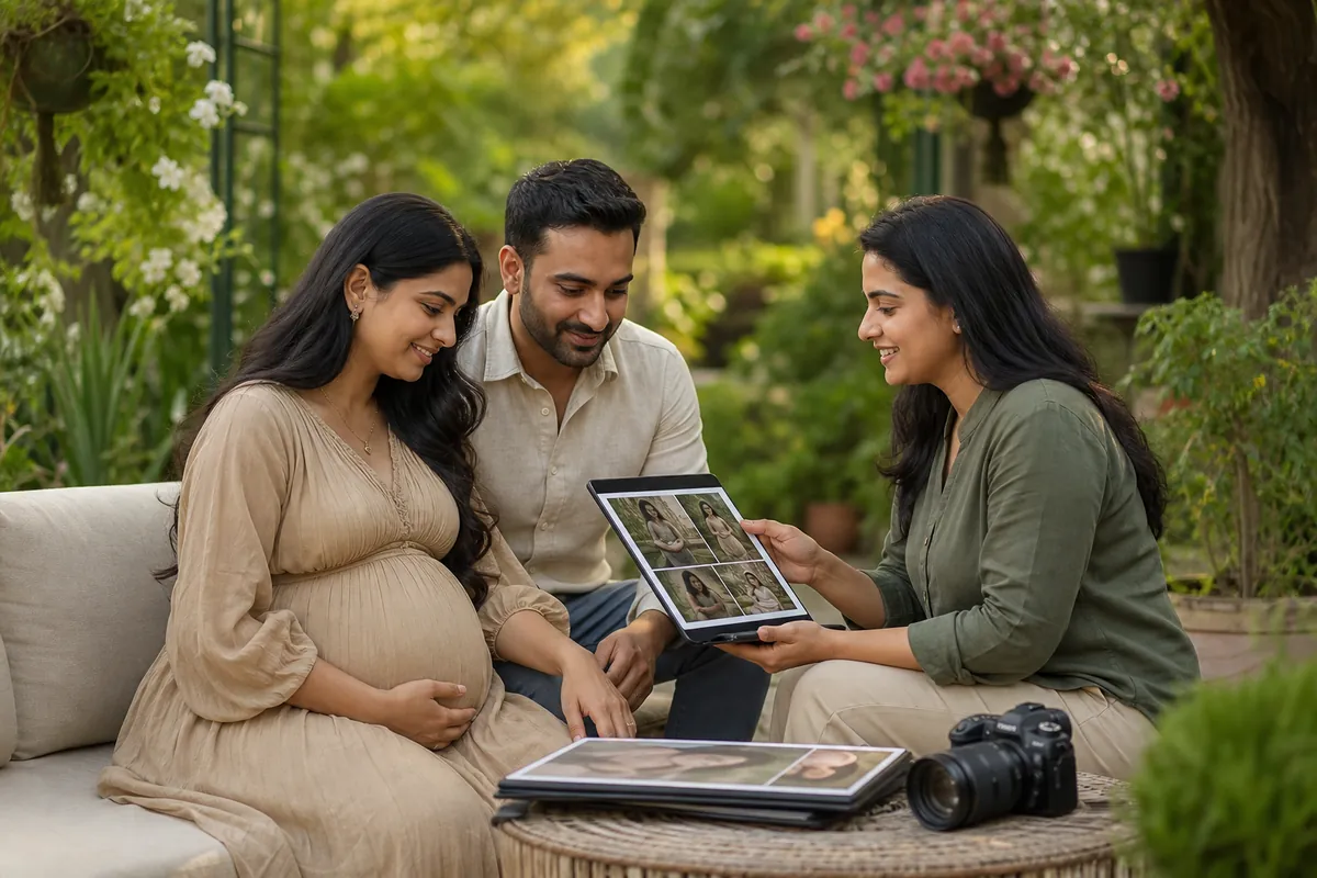 Indian couple consulting a maternity photographer in Hyderabad