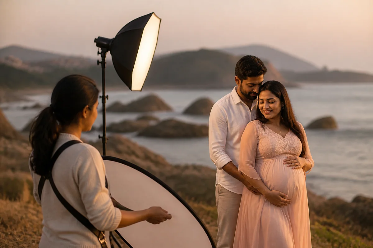 Photographer preparing soft lighting for a maternity portrait