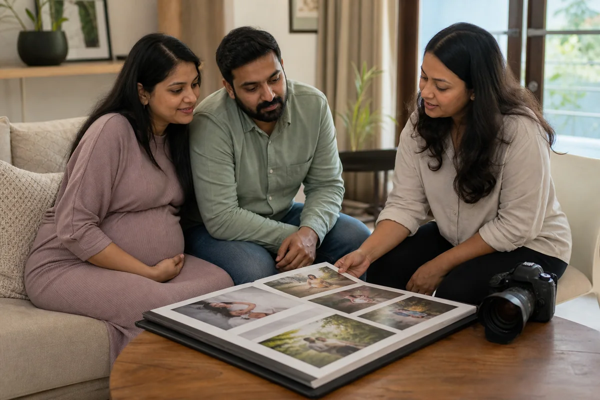 Pregnant couple reviewing a maternity photography portfolio