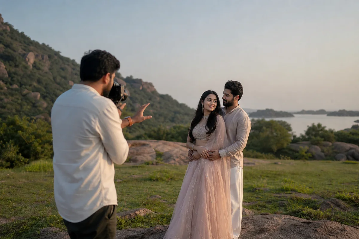Photographer directing an Indian couple during a pre-wedding shoot