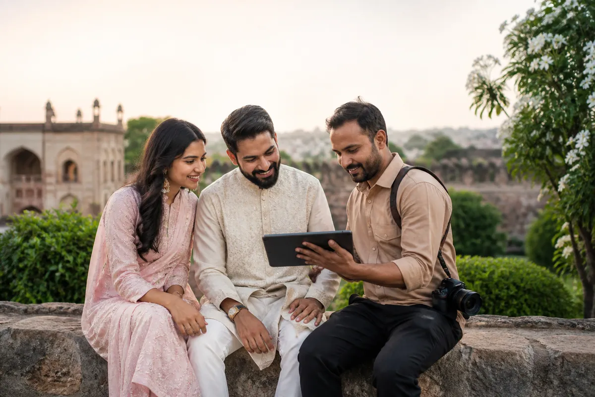 Indian couple consulting a pre-wedding photographer in Hyderabad