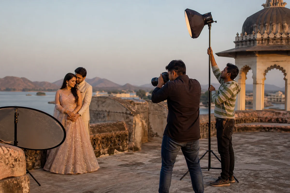 Pre-wedding photographer preparing outdoor lighting