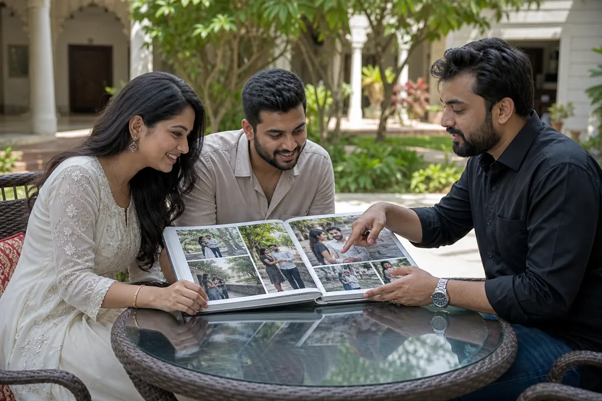 Couple reviewing a pre-wedding photographer portfolio