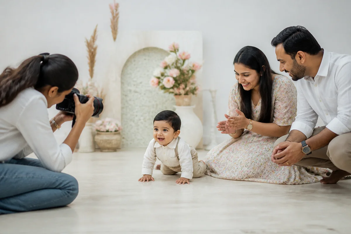Photographer capturing candid expressions from a one-year-old baby