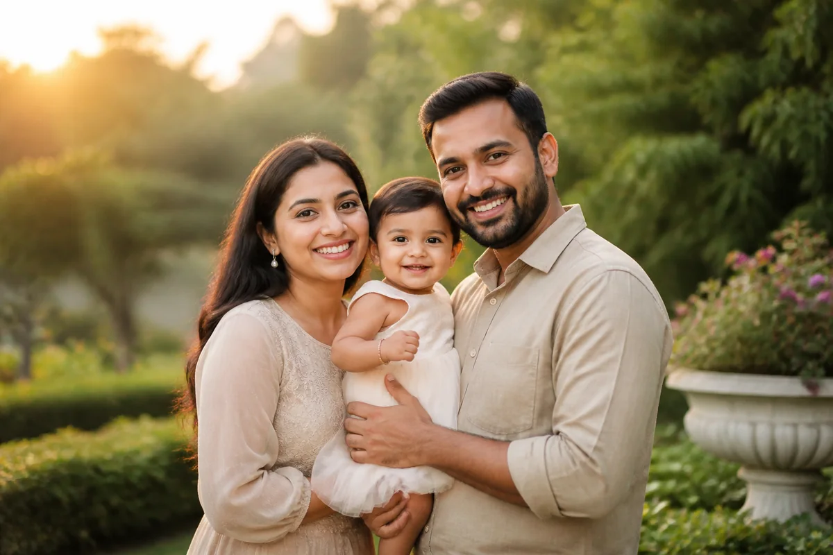 Parents and toddler posing for a golden-hour family portrait